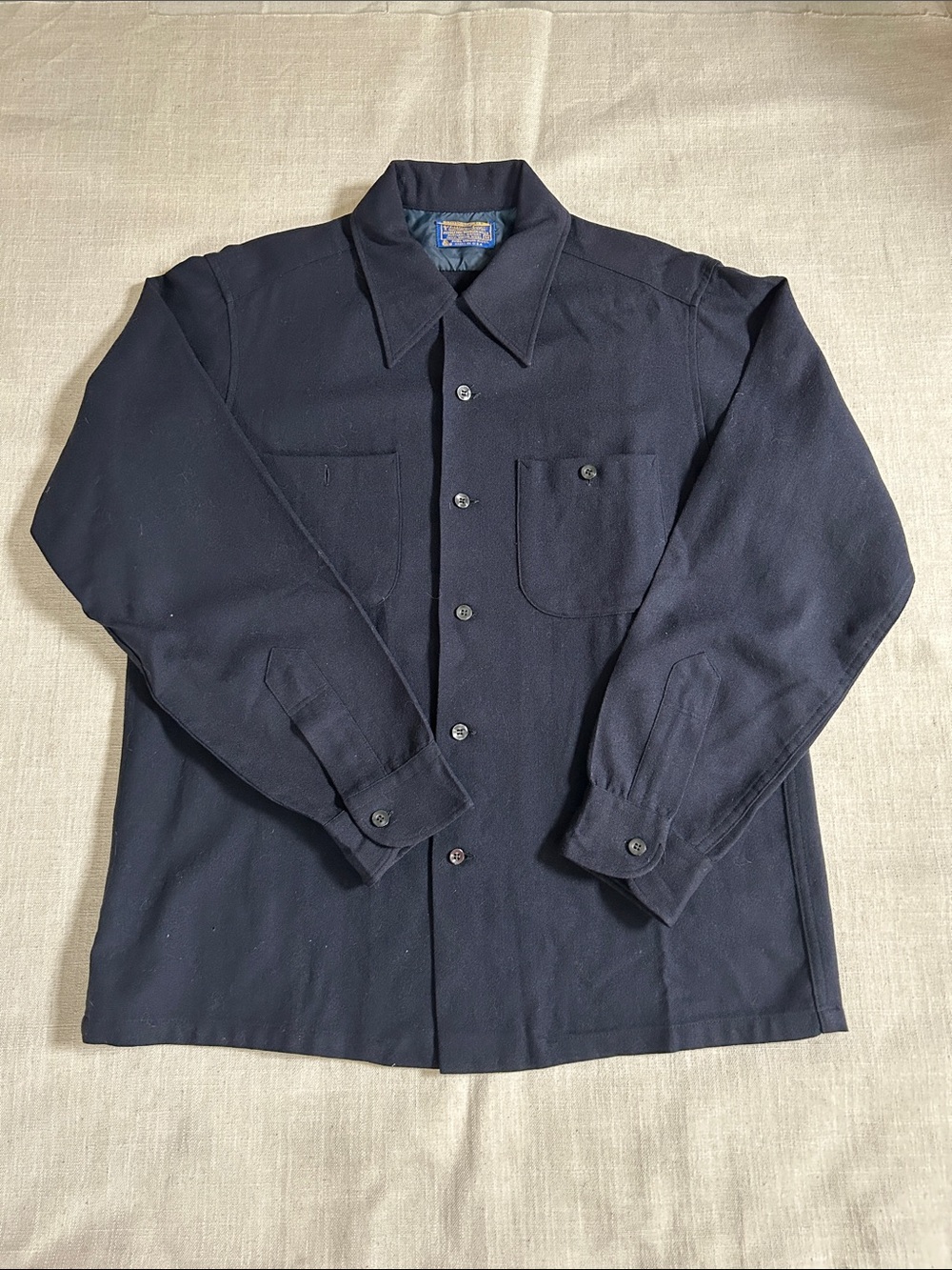 Vintage Pendleton Loop Collar Board Shirt Navy Wool Size Medium Classic Retro